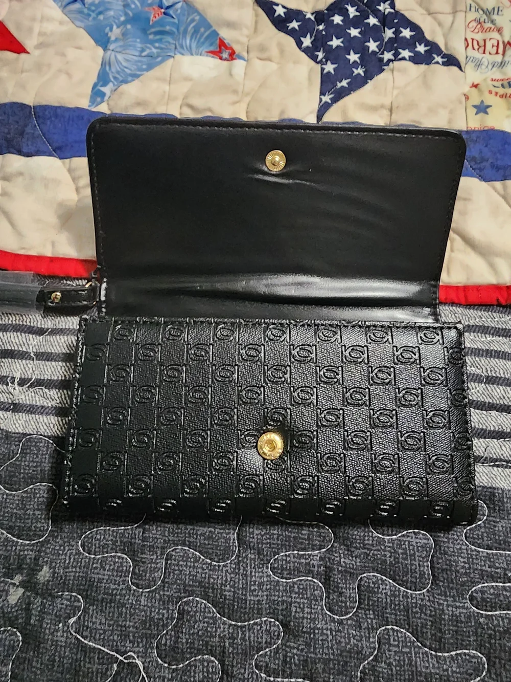 Bebe Black Embossed Leather Wallet with Gold Plate